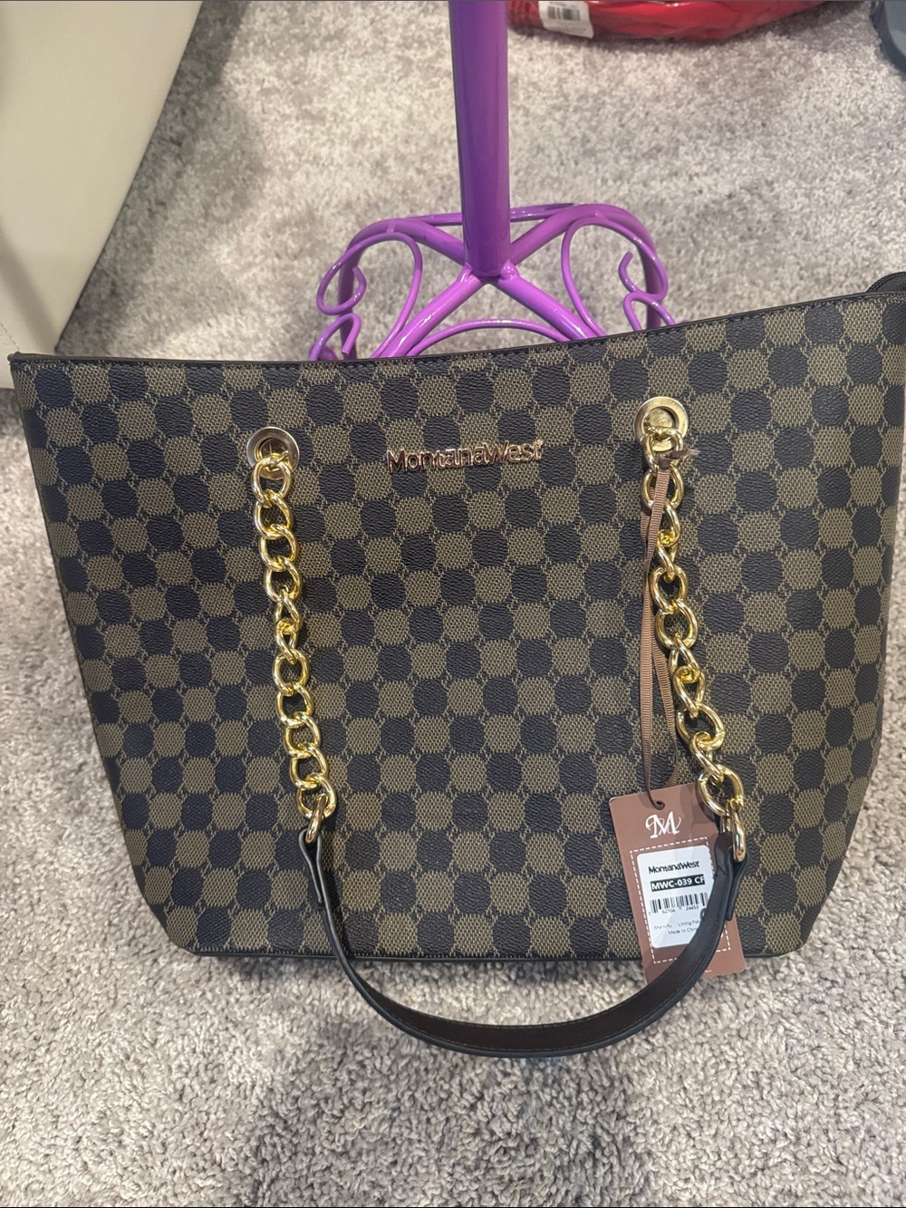 Montana West Navy and Brown Checkered Tote with Gold Chain Details